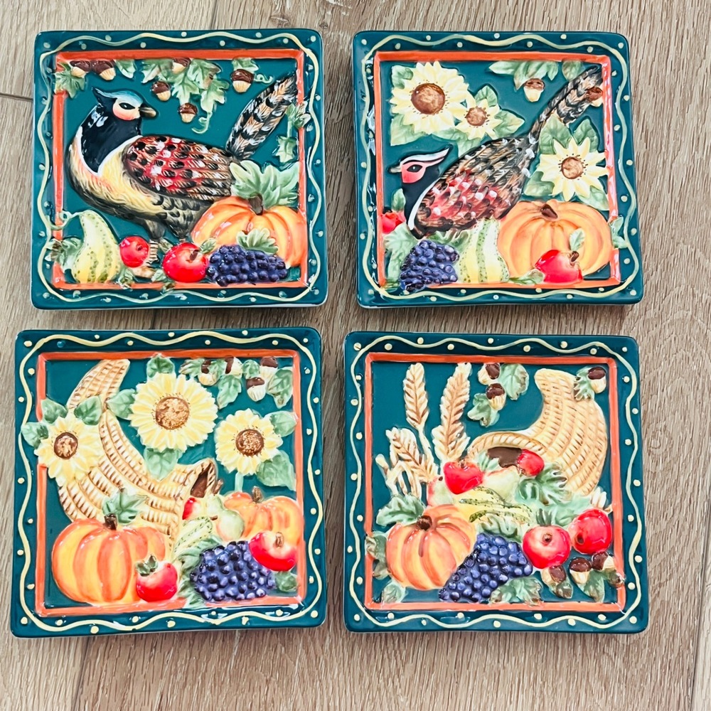 MWW Market Susan Winget Harvest Pheasant Mini Plates Set 4 Ceramic Thanksgiving